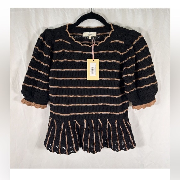 Entro Blouse Women's Small Black Striped Short Sleeve Knit 100% Cotton New $58 - Picture 2 of 7
